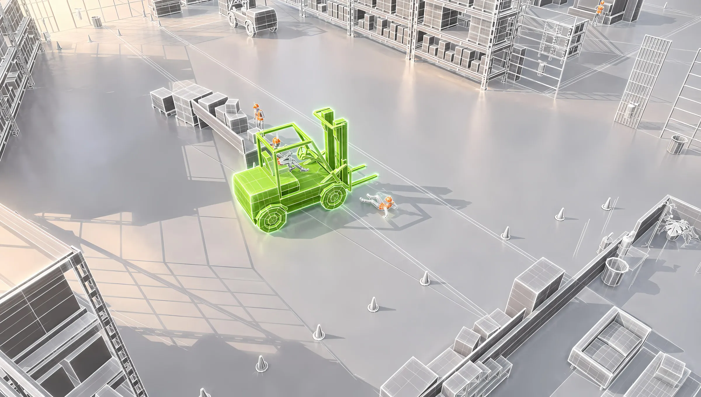 Illustration : chariot élévateur surligné à proximité immédiate d’un opérateur
